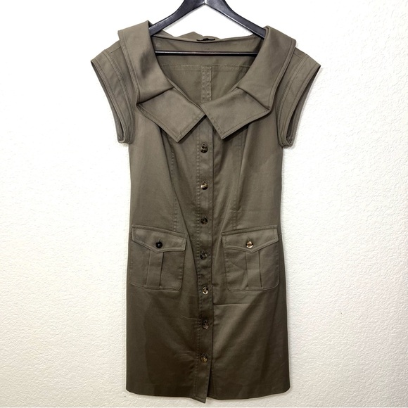 Escada Olive Army Green Capped Sleeve Button Front Dress Statement Collar  Size M